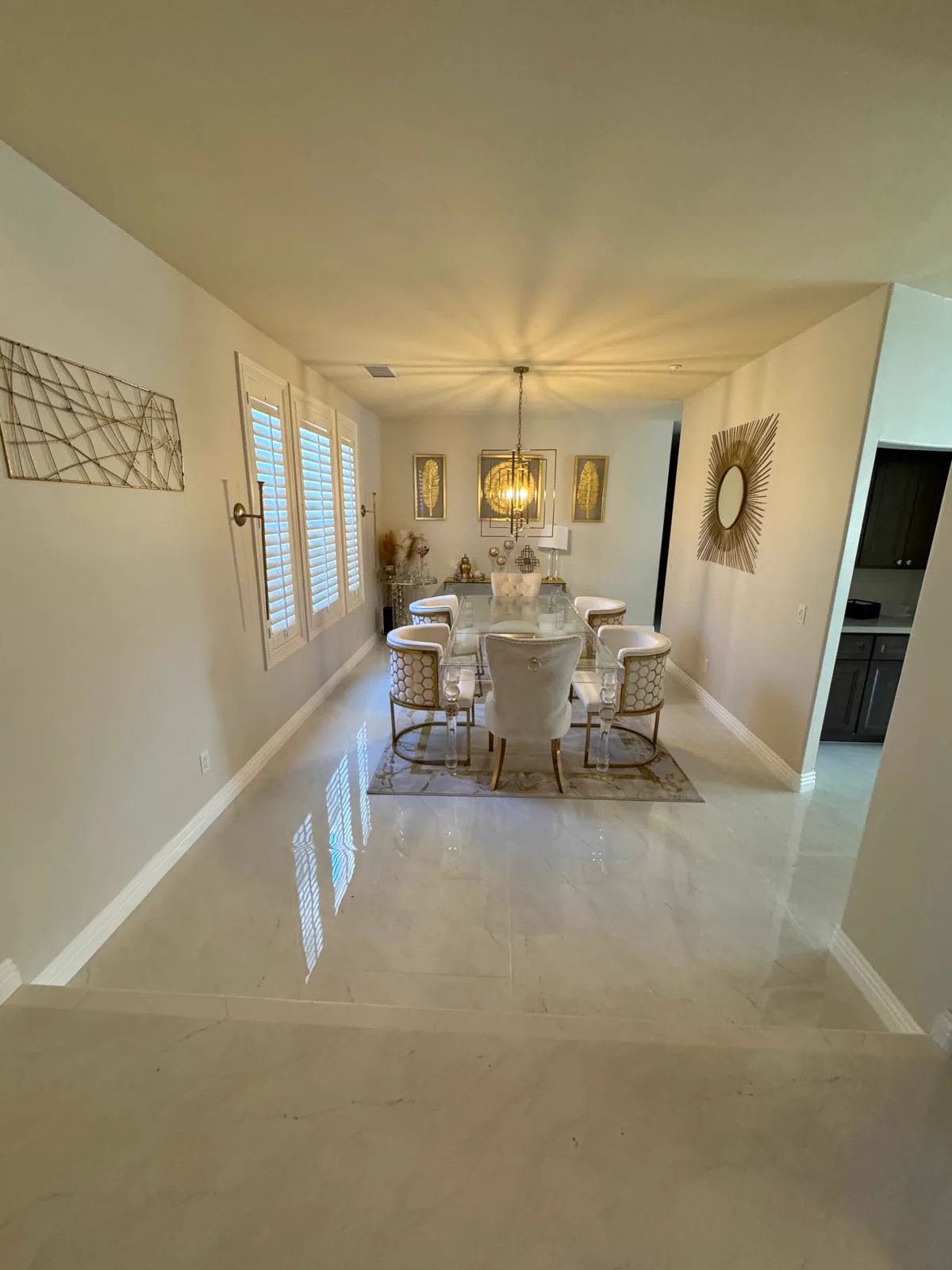 Long Altadena dining room with repainted walls, ceiling and trim