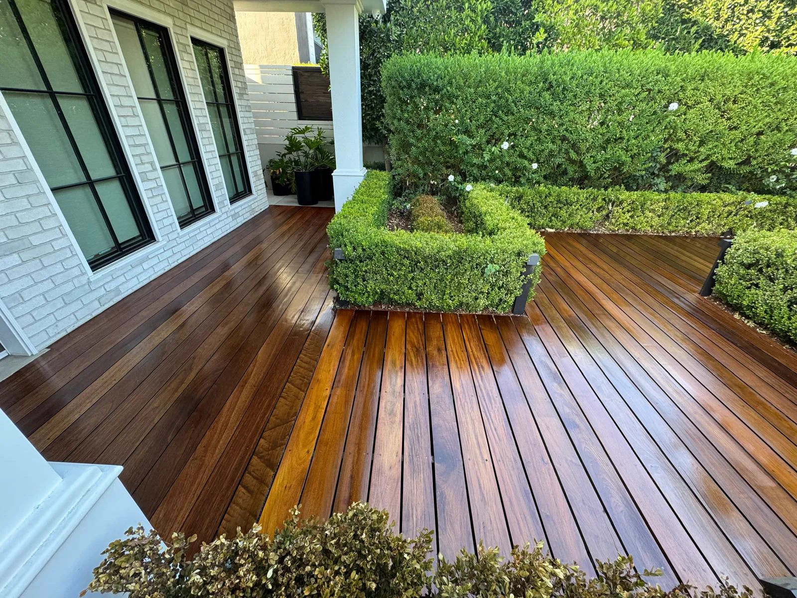 Hardwood deck and steps after staining, alongside a painted white brick house