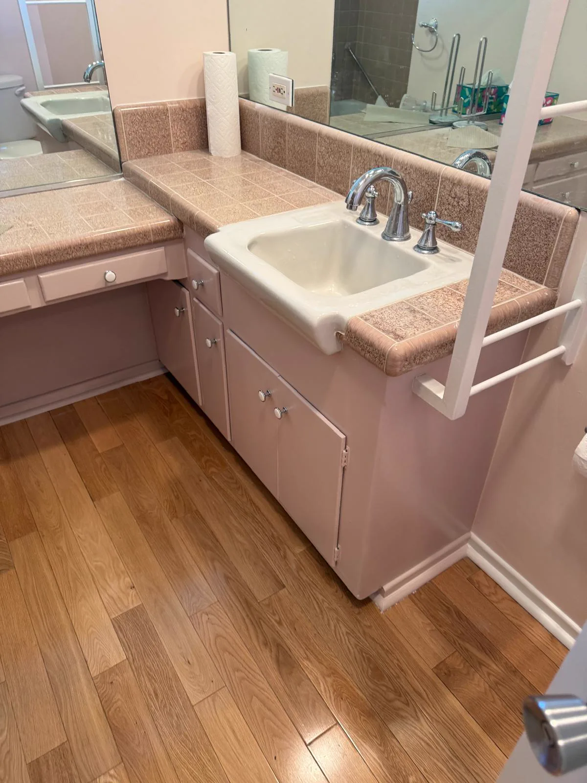 The same San Gabriel bathroom vanity refinished with a smooth sprayed finish