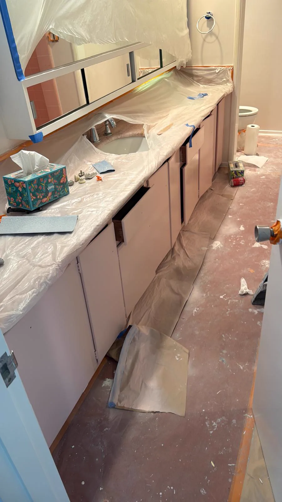 Bathroom cabinet doors removed and prepped for spraying, San Gabriel