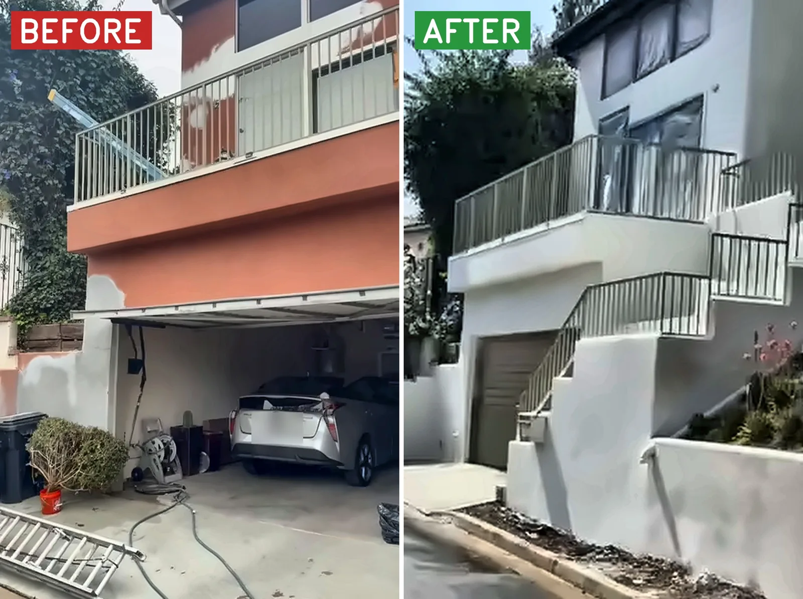 Garage and balcony before and after: orange stucco with patched areas, then the same elevation repainted white