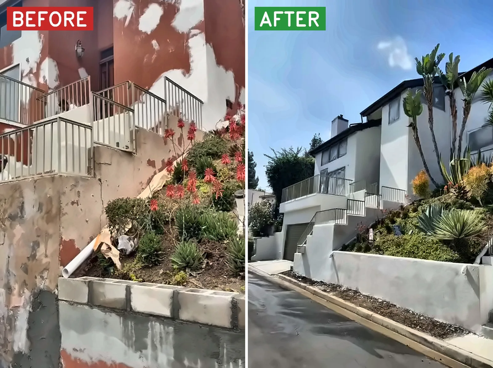 Two-story stucco home before and after: old orange paint patched and prepped, then repainted white