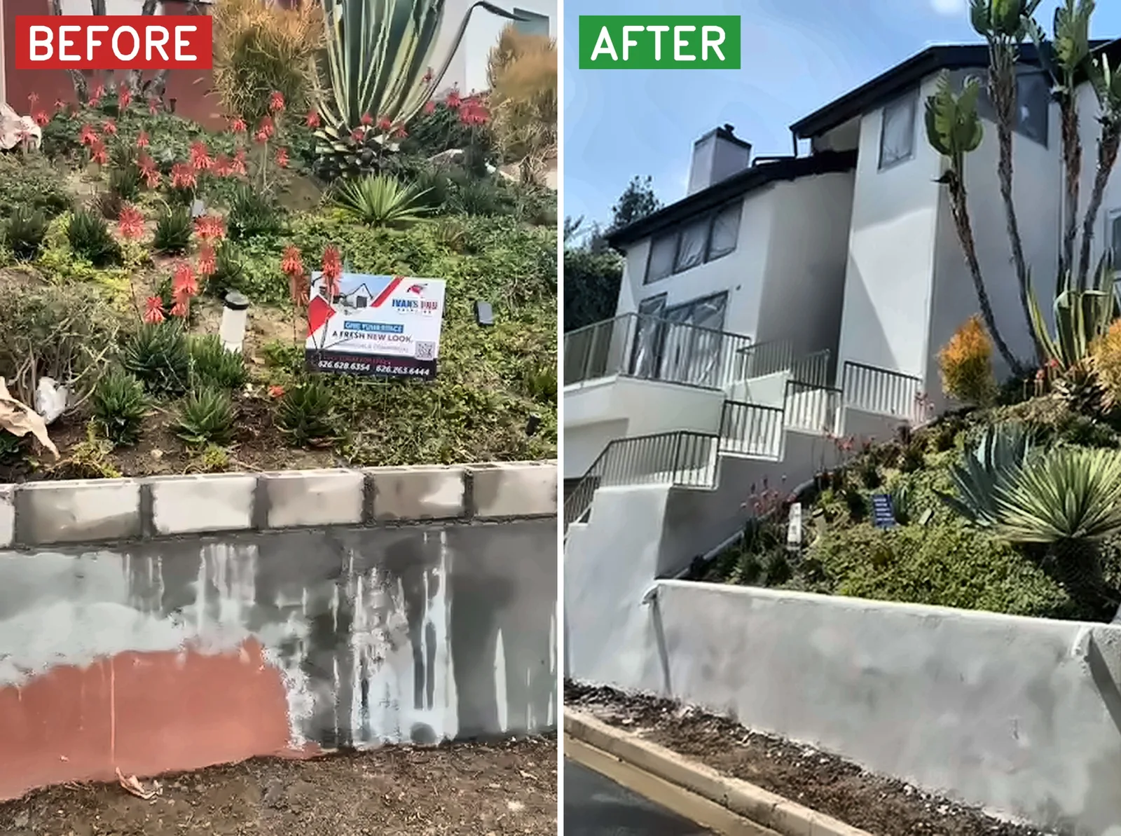 Stucco retaining wall before and after: patched gray and old orange paint, then finished white to match the house